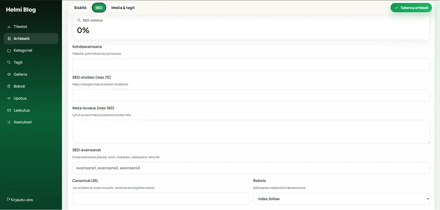 Helmi Blog -blogialustan artikkelikohtaiset SEO-asetukset